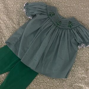 Green Gingham Smocked Dress with Pants